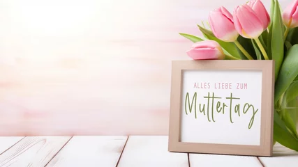  Alles Liebe zum Muttertag Feiertag Grußkarte - Bilderrahmen aus Holz mit deutschem Text und Blumenstrauss mit pinken Tulpen auf Tisch © Corri Seizinger