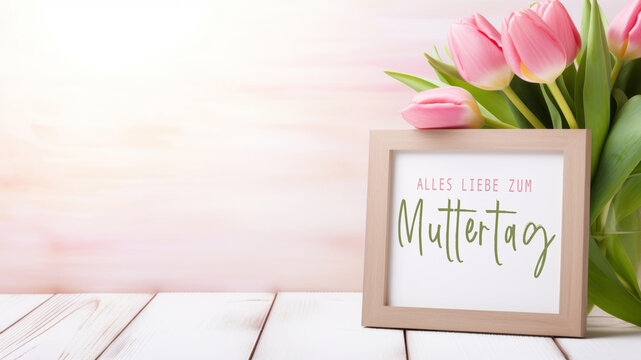 Alles Liebe zum Muttertag Feiertag Grußkarte - Bilderrahmen aus Holz mit deutschem Text und Blumenstrauss mit pinken Tulpen auf Tisch