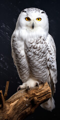 Snowy owl, Bubo scandiacus, isolated sitting on a wooden branch