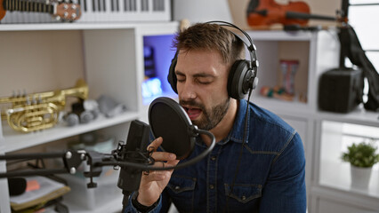 Passionate young hispanic man, an emerging music artist, unleashes melody in a pro music studio, singing his heart out, headphones on, lost in his musical world, perfecting his song performance