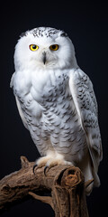 Snowy owl, Bubo scandiacus, isolated sitting on a wooden branch