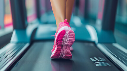 Female athlete starts exercising on the treadmill in the fitness center. with determination On a happy and healthy lifestyle Sporty running concept