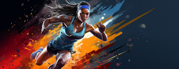 Artistic female athlete running fitness banner concept