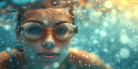 Face of female sport swimmer, swimming in the water in pool