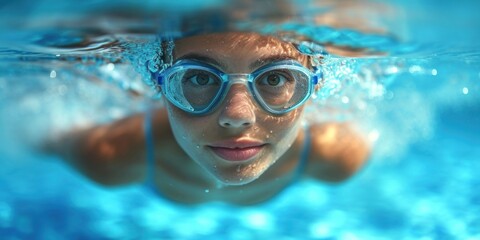 Naklejka premium Face of female sport swimmer, swimming in the water in pool