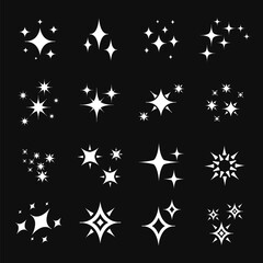 Sparkling stars white icons collection. Set of star shapes. Fireworks shine effect.