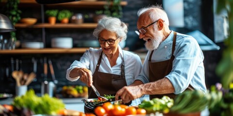 A happy couple of smart retirees cook delicious and nutritious meals together using various types of food