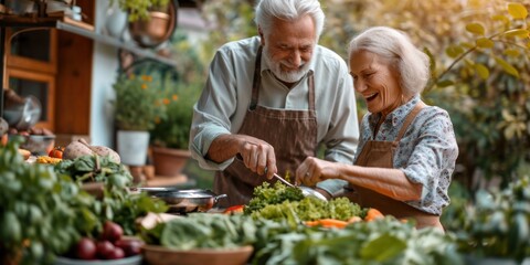 A happy couple of smart retirees cook delicious and nutritious meals together using various types of food - obrazy, fototapety, plakaty