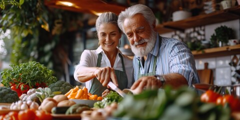 A happy couple of smart retirees cook delicious and nutritious meals together using various types of food