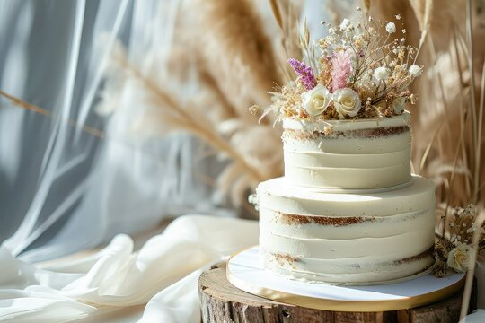 Wedding cake 2 layers rustic farmhouse style minimalist some tiny dried flowers on it golden stroke decoration, copy space.