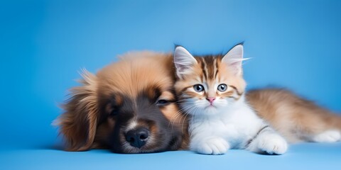 Cute fluffy cat and dog lying together. Pets on blue background, copy space.