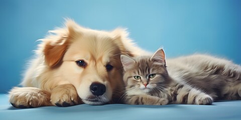 Cute fluffy cat and dog lying together. Pets on blue background, copy space.
