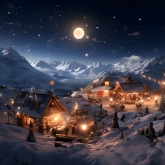 Beautiful winter night in the mountain village. 3d rendering.