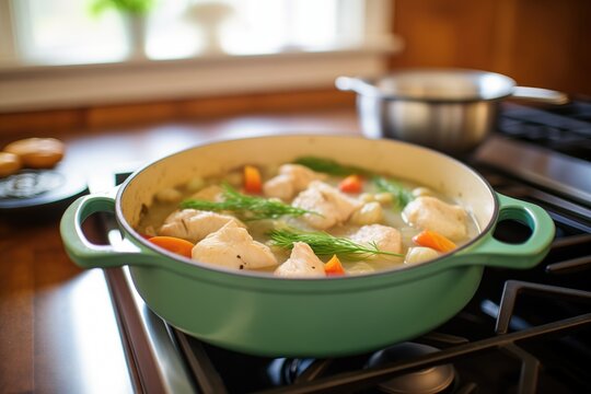 chicken and dumplings in a pot on a stovetop