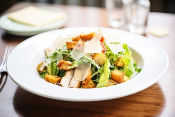 close-up of chicken caesar salad with croutons and parmesan