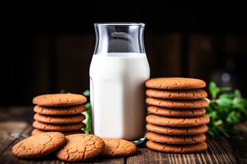 Stack of Delightful Oatmeal Cookies and Milk on Rustic Wooden Table with Copy Space