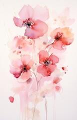 Abstract watercolor painted flowers on background with paint splashes. Pink colored.