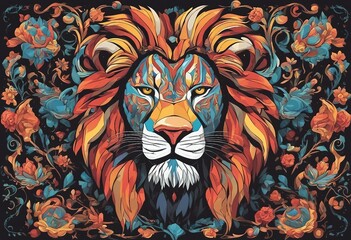 Colorful Head of a lion with an artistic background. Beautiful lion head design.