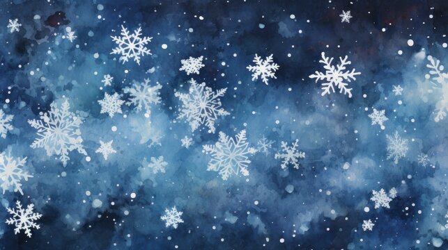 Painted background in dark blue color with snowflakes. Winter concept.