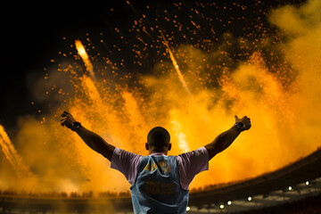 Fototapeta na wymiar Silhouette of a football fan in front of fireworks at night