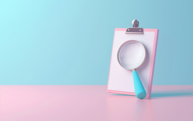 3d magnifying glass and paper clipboard on pastel colour background with copy space for text.