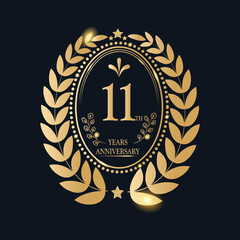 11 Th Years Anniversary celebration. Vector Template festive illustration Golden Color,. Birthday or wedding party event decoration.