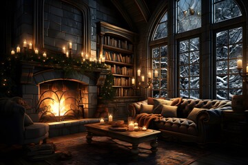 3D render of a beautiful living room with fireplace and christmas decorations