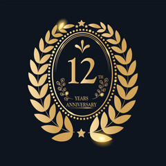 12 Th Years Anniversary celebration. Vector Template festive illustration Golden Color,. Birthday or wedding party event decoration.