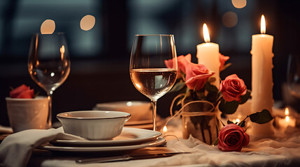 Fototapeta na wymiar Romantic dinner setting in the beautiful restaurant atmosphere with flowers and silverware, candles and red roses on table with blurred lights on the background