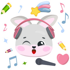 A funny little bunny sings in headphones. Bunny head in headphones, Music notes, microphone.