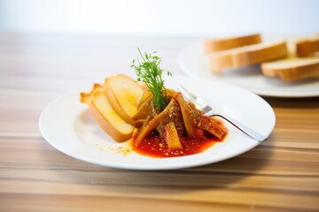 currywurst sliced on a white plate with a side of bread