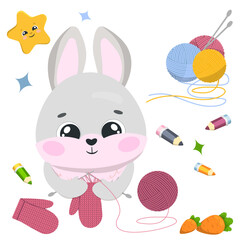 The bunny knits a mitten on knitting needles. Funny kid knits on knitting needles.