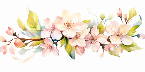 Spring flowers arrangement. Cherry blossom, floral ornament. Pastel color, isolated watercolor illustrator. - obrazy, fototapety, plakaty