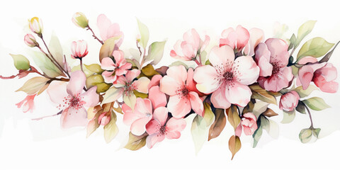 Naklejka na ściany i meble Spring flowers arrangement. Cherry blossom, floral ornament. Pastel color, isolated watercolor illustrator.