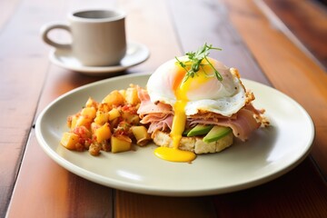eggs benedict with a slice of avocado on top, served with hash browns - obrazy, fototapety, plakaty
