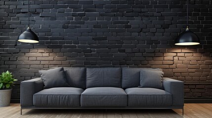 Minimalist Living Room Interior with Sofa Against Brick Wall in 3D Rendering