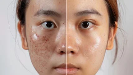 Fotobehang Before and after treatment of acne vulgaris, black spots and freckles on the oily face of Southeast Asian young woman. © Didikidiw61447