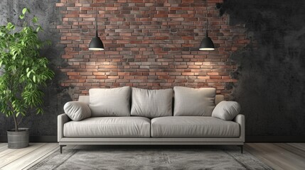 Modern Minimalist Living Room Interior with Brick Wall Sofa