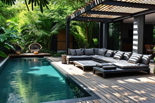 Luxurious Outdoor Living Space with Poolside Lounge Chairs and Beautiful Decor