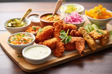 fried chicken party platter with various dips - obrazy, fototapety, plakaty