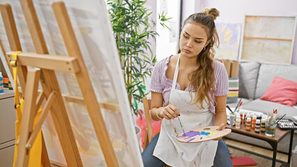 Smiling confidently, young and beautiful hispanic woman artist masterfully drawing at art classroom, immersed in creativity