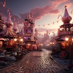 Amusement park in the evening at sunset. 3d rendering