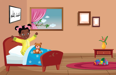 Happy cute little kid boy wake up in the morning vector illustration