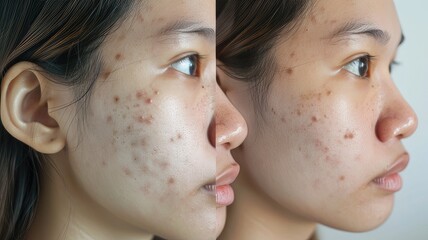 Before and after treatment of acne vulgaris, black spots and freckles on the oily face of Southeast Asian young woman. - obrazy, fototapety, plakaty