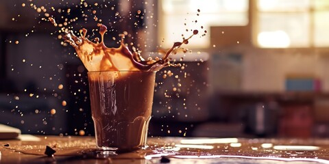 A glass of cocoa milk captured in a moment of lively splash, set against the soft, blurred backdrop of a classroom.