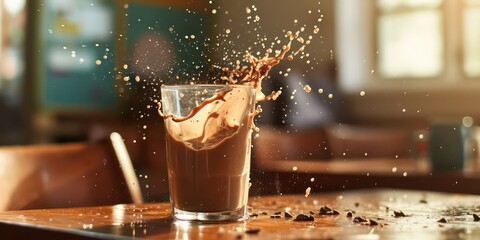 A glass of cocoa milk captured in a moment of lively splash, set against the soft, blurred backdrop...