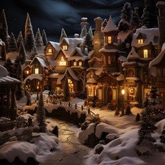 Christmas and New Year miniature city at night. Christmas and New Year holiday concept. 3d render