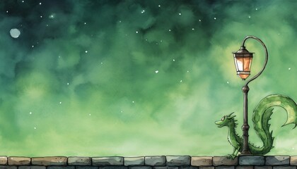 Watercolor Cartoon Illustration of Glowing Moon Lantern with Green Dragon Mural - Festive Lunar New Year Celebration