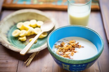 Fototapeta premium gluten-free granola bowl with soy milk and banana coins