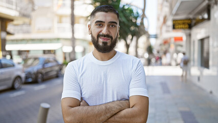 Confident young bearded man with crossed arms standing on a sunny city street